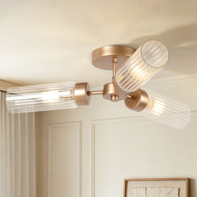 3-Light Dimmable  Ribbed Glass Semi Flush Mount