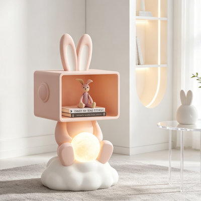 Table de chevet en résine et bois avec lampe de lune intégrée, table de chevet fantaisiste rose avec capteur de mouvement, décor décoratif moderne pour la chambre à coucher