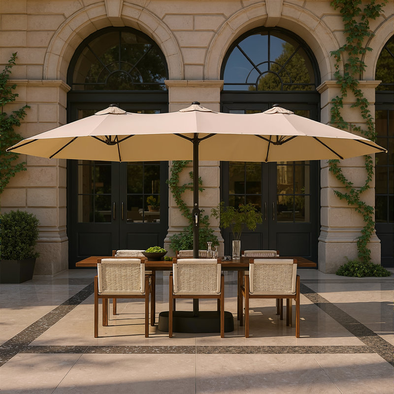 Parasol de marché rectangulaire de 15 pi x 8,6 pi avec base, parasol de patio extérieur résistant aux rayons UV pour jardin, terrasse et bord de piscine