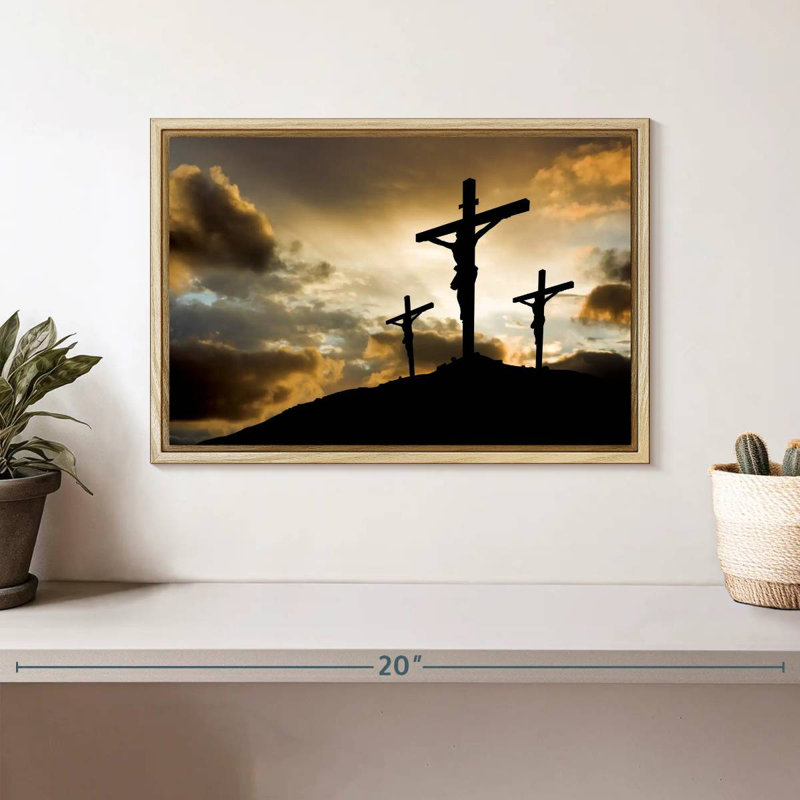 Croix au calvaire, Cadre flottant en bois naturel, 13 po x 9 po
