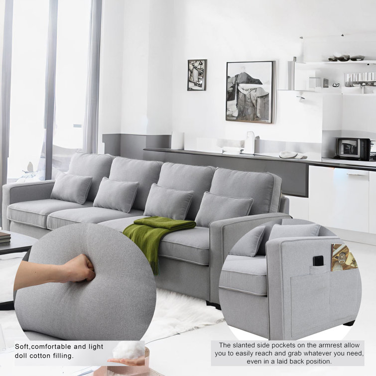 4-Seater Modern Linen Fabric Sofa with Armrest Pockets - Light Grey