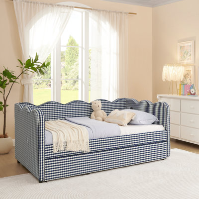 Twin Size Navy Daybed With Trundle, Linen Bed, Design, Wave Shaped, Port, Multifunctional For Different Scenes, Rounded Corners , Easy To Put Together