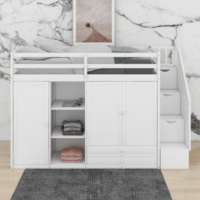 Twin Size Functional Loft Bed With 3 Shelves,Storage Staircase,2 Wardrobes And 2 Drawers by Latitude Run