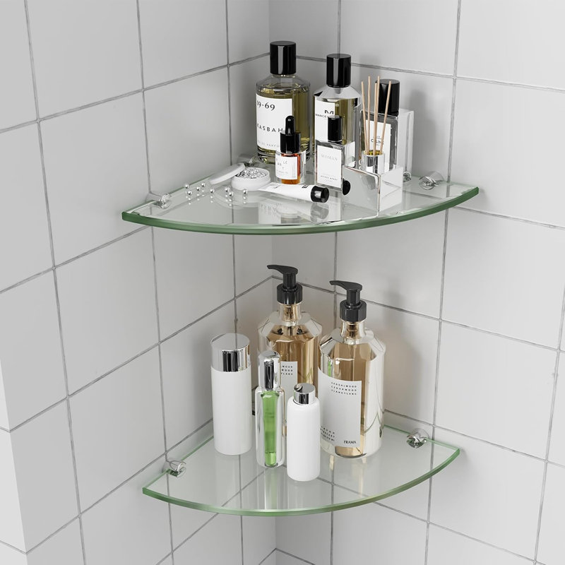 Paquet de 2 tablettes de douche en coin, organisateur mural en verre trempé de 5/16 po pour salle de bain, cuisine et salon, peut supporter jusqu'à 20 lb