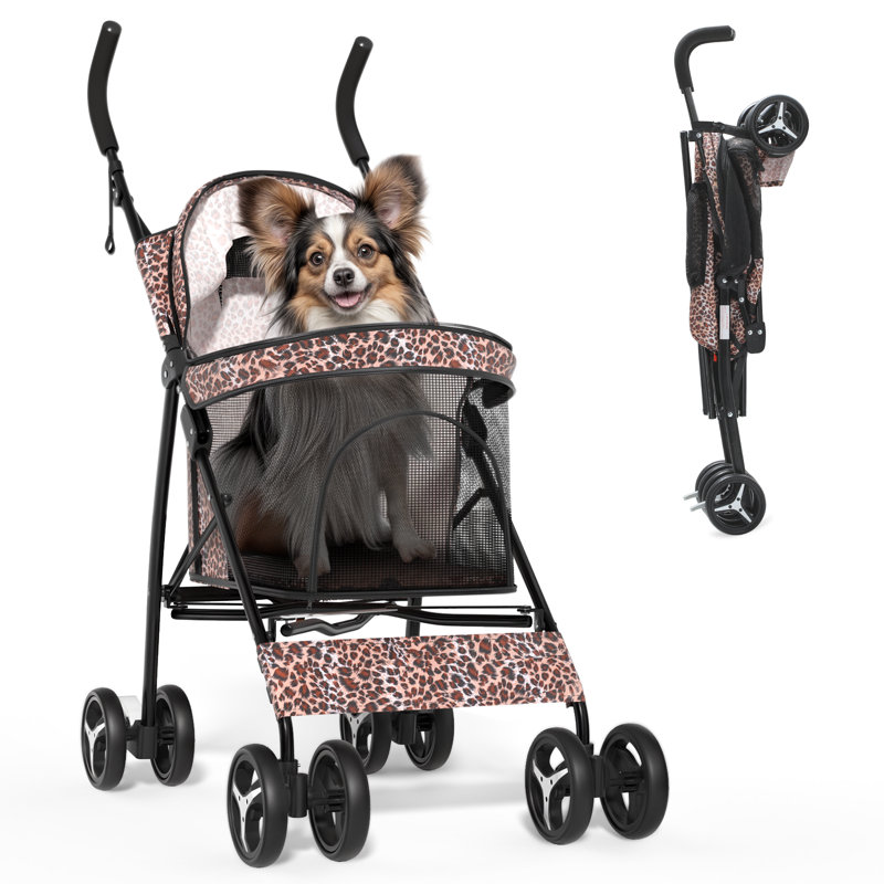 Leopard Print Steel Frame Dog Stroller with Mesh Windows
