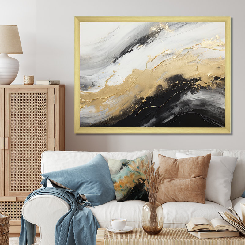Or doux et noir Soft Wave Fusion III - impressions sur toile abstraites, H 16 po x l 32 po x P 1 po, Cadre doré simple