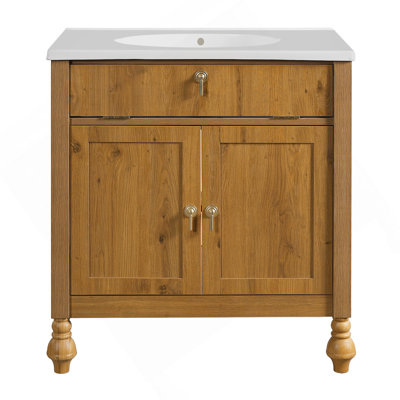 30-Inch Walnut Bathroom Vanity: Seashell Resin Sink, Flip-Up Storage & Soft-Close Doors