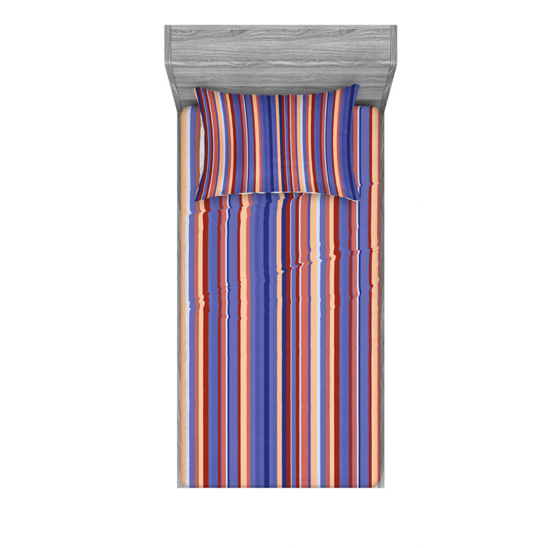 Microfiber Striped Sheet Set, Twin XL Sheet Set with Fitted Sheet, Violet/Blue/Salmon Striped