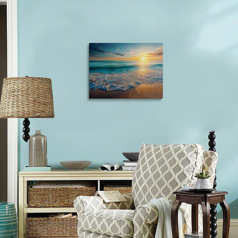 Beach Sunset Wall Art Canvas Framed Painting Golden Sunlight Over Turquoise Ocean Waves Sandy Shore Coastal Wall Decor Artwork for Living Room Bedroom Office 12x16 Inches