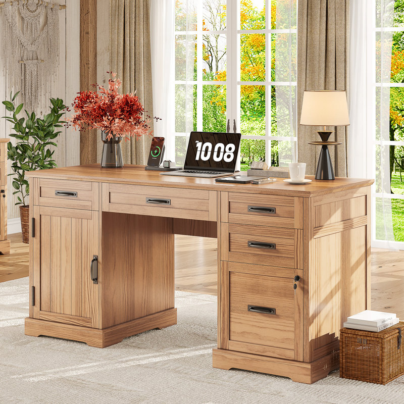 Bureau de direction 55 po avec tiroirs, classeur et prises de courant Clabe, Noyer clair