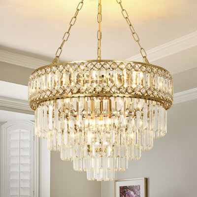 11-Light Adjustable Crystal Chandelier, Copper Finish – Sloped-Ceiling Ready, 3-Color Switchable, 19.7"-56.1" Height