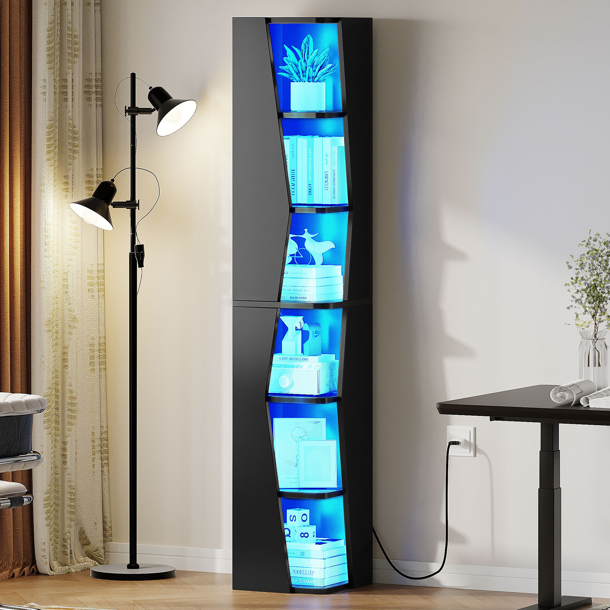 Kulia 71'' 6-Tier Corner Bookcase Shelf with LED Light