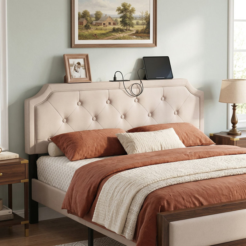 Queen/Full Size Universal Button Tufted Upholstered Headboard, Adjustable Mount Height & Soft Breathable Linen Fabric, Beige