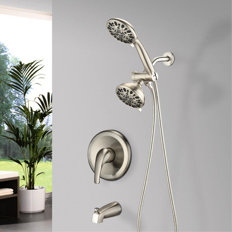 Tub Spout Shower System - Dual 2 In 1 Faucet With Valve. 7 Spray Modes For A Relaxing Bath Experience. Brushed Nickel Finish Wall Mounted High Faucet. Patterns.
