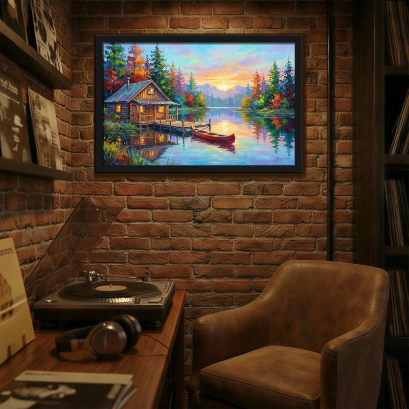 Paysage, nature, chalet, lac, coucher de soleil, automne, arbres, bateau, reflet, montagnes, H 12 po x l 18 po