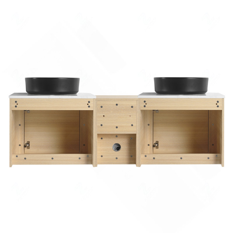 Meuble-lavabo mural en contreplaqué de 60 po avec lavabo vasque en céramique, tablette de rangement et porte à fermeture en douceur