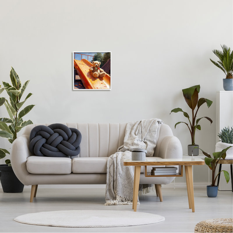 ba-972-Framed Teddy Bear on Slide by Ray Powers Single Picture Frame Print on Canvas, White Single Picture Framed