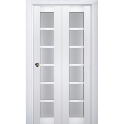 Sliding Closet Bi-fold Doors 42 x 84 Veregio 7602 White Silk with Frosted Glass Sturdy Tracks Moldings Trims Hardware Set Wood Solid Bedroom Wardrobe Doors