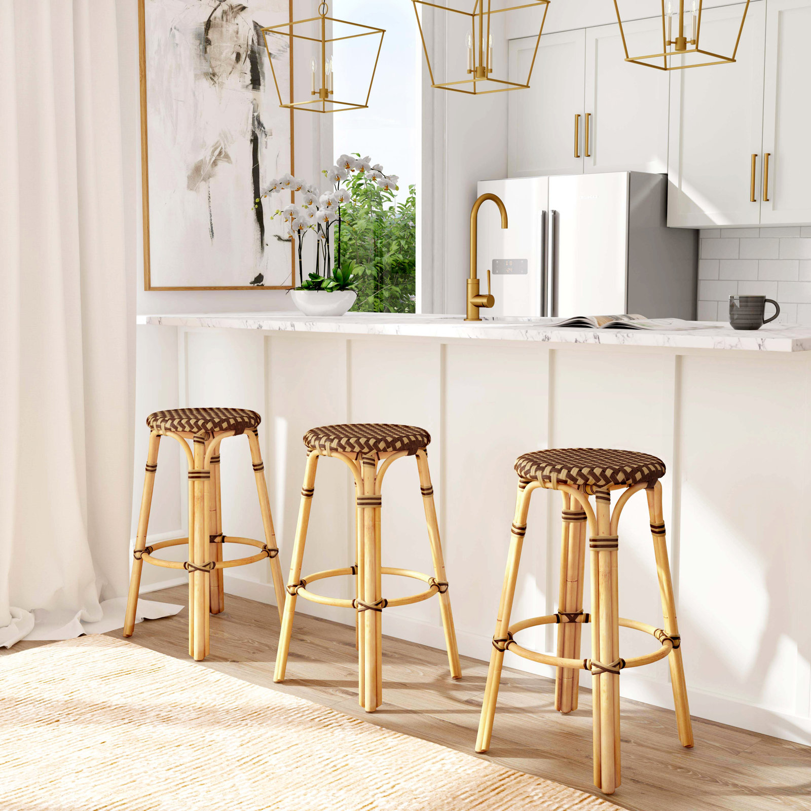 Alastair Bar & Counter Stool, Bar Stool (30" Seat Height), Brown/Tan Dot/Natural Rattan Frame