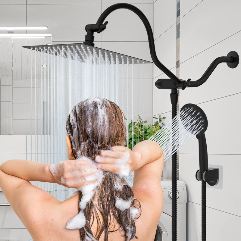 All Metal High Pressure Rainfall 10 Inch Shower Head/Handheld Showerhead Combo/ 12 Inch Adjustable Curved Shower Extension Arm, 7-Spray, 71-Inch Hose, Adhesive Showerhead Holder, Matte Black