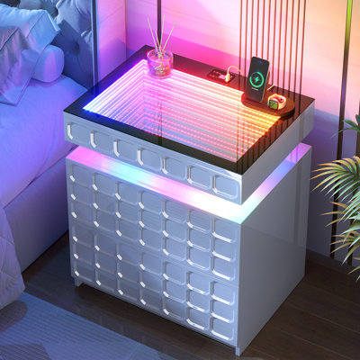 19.7'' W Nightstand With 3D Mirror Abyss & Rgb Lighting, 2-Drawer Bedside Table With Hidden Storage And Human Sensor Light