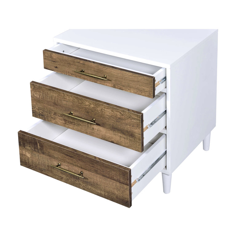 Table rectangulaire en bois avec 3 rangements au fini blanc et aspect chêne vieilli