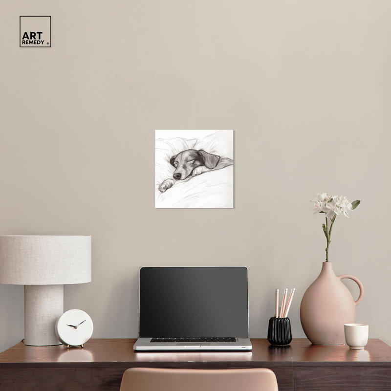 Vintage Dog Drawing on Canvas, 12" x 12", Brown and Beige