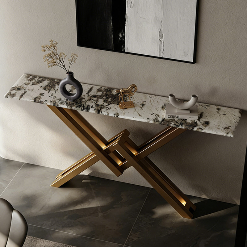 Console simple de style italien, Blanc/Brun taupe, 33,5 po H x 63 po L x 11,8 po P, Doré