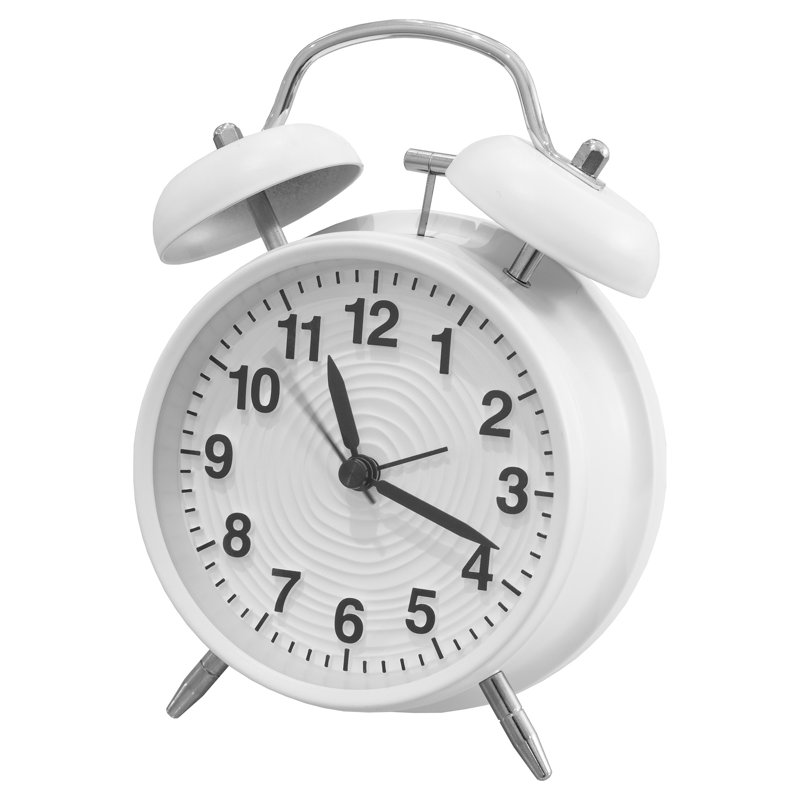 Analog: Numerical (numbers With 2+ Hands) Metal Battery Alarm Tabletop Clock, White