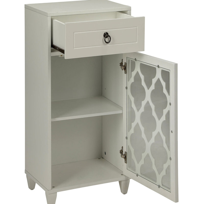 Table d'appoint blanche avec tiroir de rangement pratique et belle porte en verre avec pieds fuselés élégants