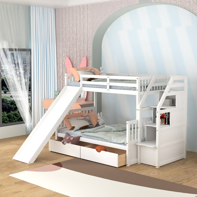 Lit superposé simple au-dessus de 2 tiroirs avec tablettes Gelya par Harriet Bee, Blanc