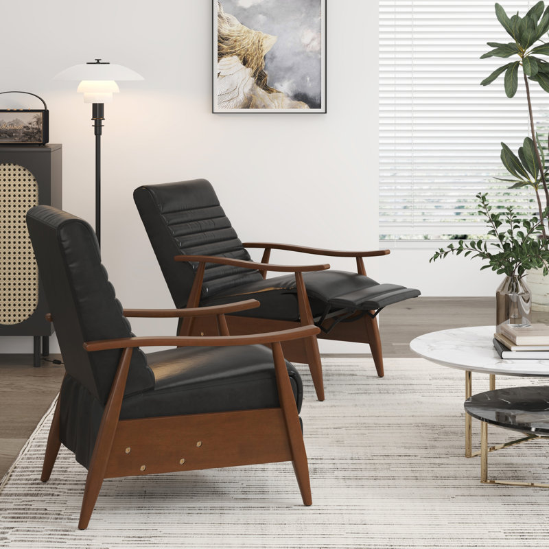 Fauteuil inclinable Mid-Century moderne en cuir avec cadre en bois massif (ensemble de 2), Noir, noir, noir, noir