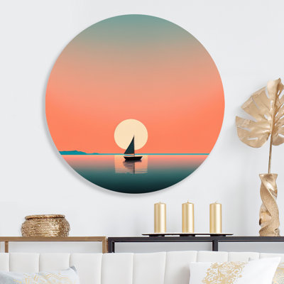 Minimalistic Sunset During The Full Moon II - Coastal Boat Round Wall Art on Metal