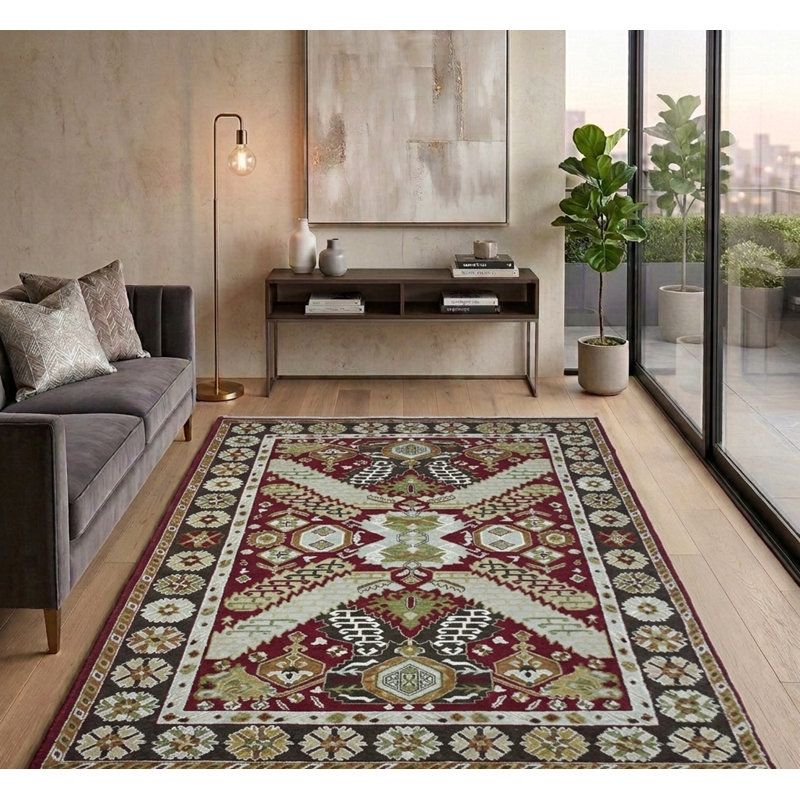 Laine nouée à la main rouge oriental | Tapis d'intérieur gris anthracite Charcoal