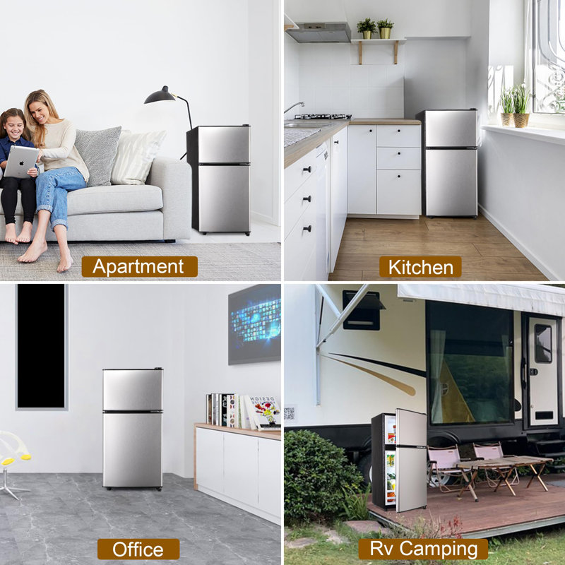 Mini réfrigérateur de 3,2 pieds cubes avec congélateur, tablettes réglables en verre avec thermostat réglable, petit réfrigérateur écoénergétique silencieux pour la cuisine de bureau de résidence, argent