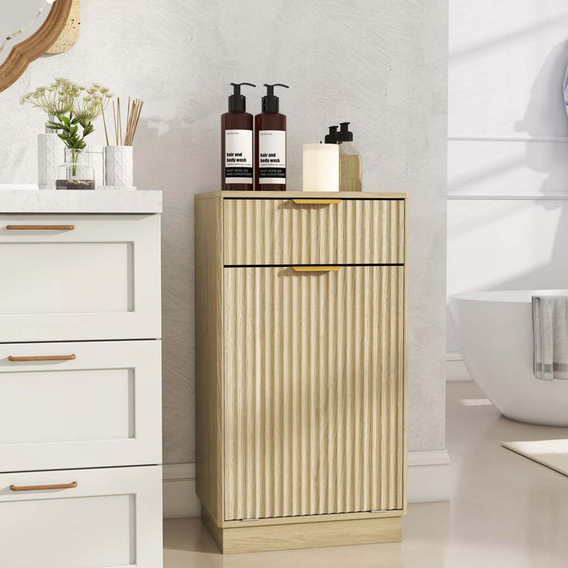 Armoire à poubelle inclinable avec tiroir et poignées en métal, Chêne