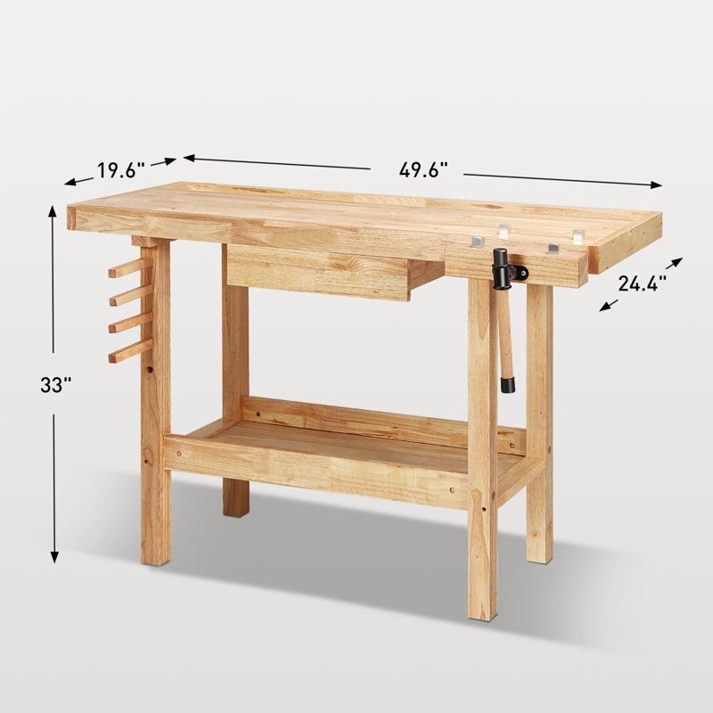 Table de travail 50 po en bois d'hévéa robuste avec tiroir et poignée réglable pour garage d'atelier