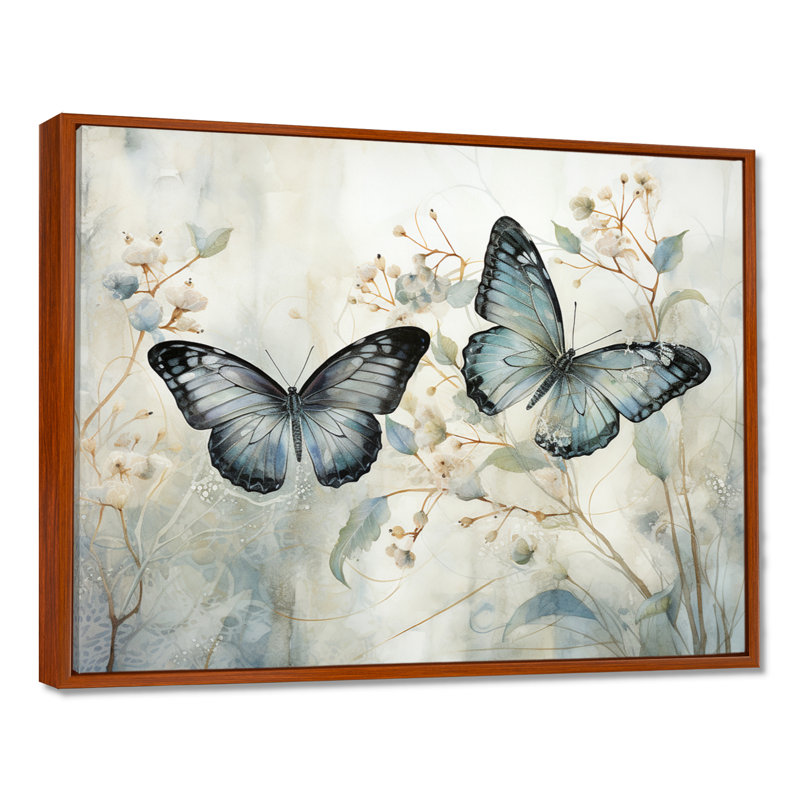 «Blue Beige Butterfly Wings Of Serenity», art sur toile papillon, H 34 po x l 44 po, Reproduction avec cadre flottant, Brun