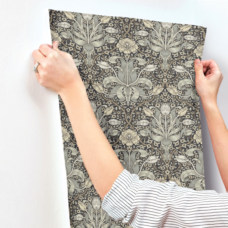 Spring Thicket Blue Tulip Damask Wallpaper, Gray