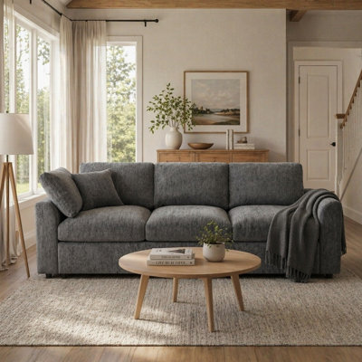 Modern 3-Seater Sofa, Chenille Upholstered Couch with Solid Wood Frame, Comfortable Living Room Sofa with 1 Throw Pillow
