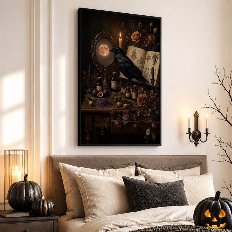 Toile noire sur fond d'apothicaire noir avec lune, H 24 po x l 16 po