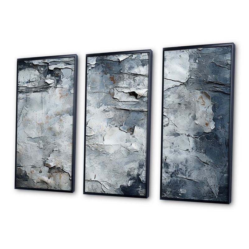 Abstrait, surface lunaire grise I - tachisme, art mural, H 28 po x l 36 po x P 1 po, Cadre flottant noir