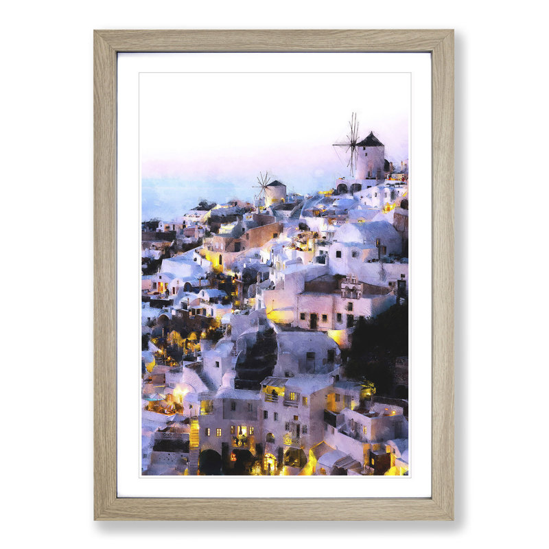 The Santorini Skyline In Greece - Single Picture Frame Painting on MDF, 63cm H x 45cm W x 2cm D, Oak Framed