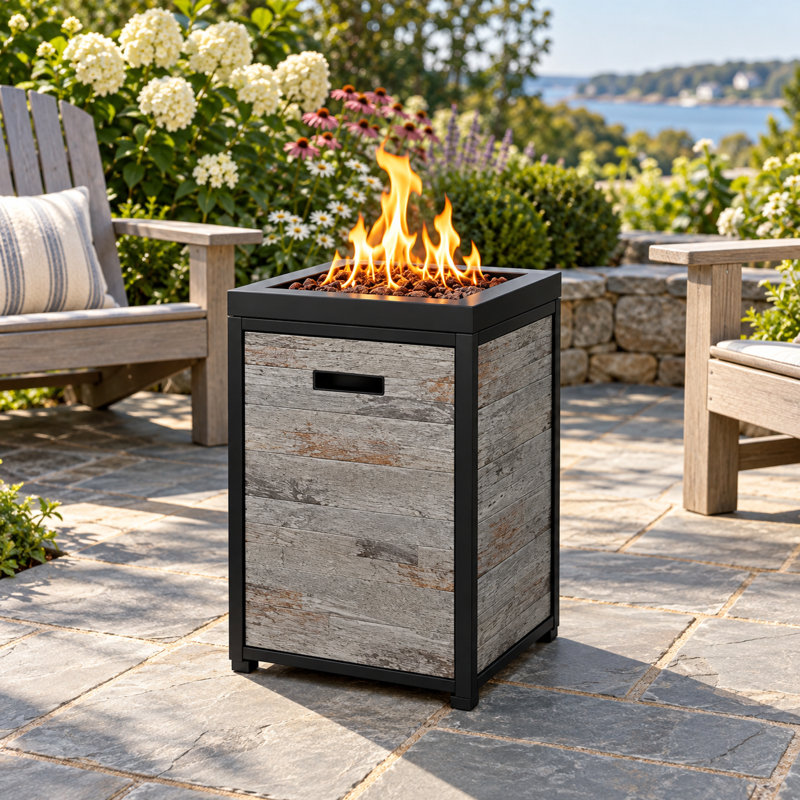 Colonne de feu au propane 16 po 40 000 BTU avec panneaux aspect pierre TerraFab et couvercle en acier