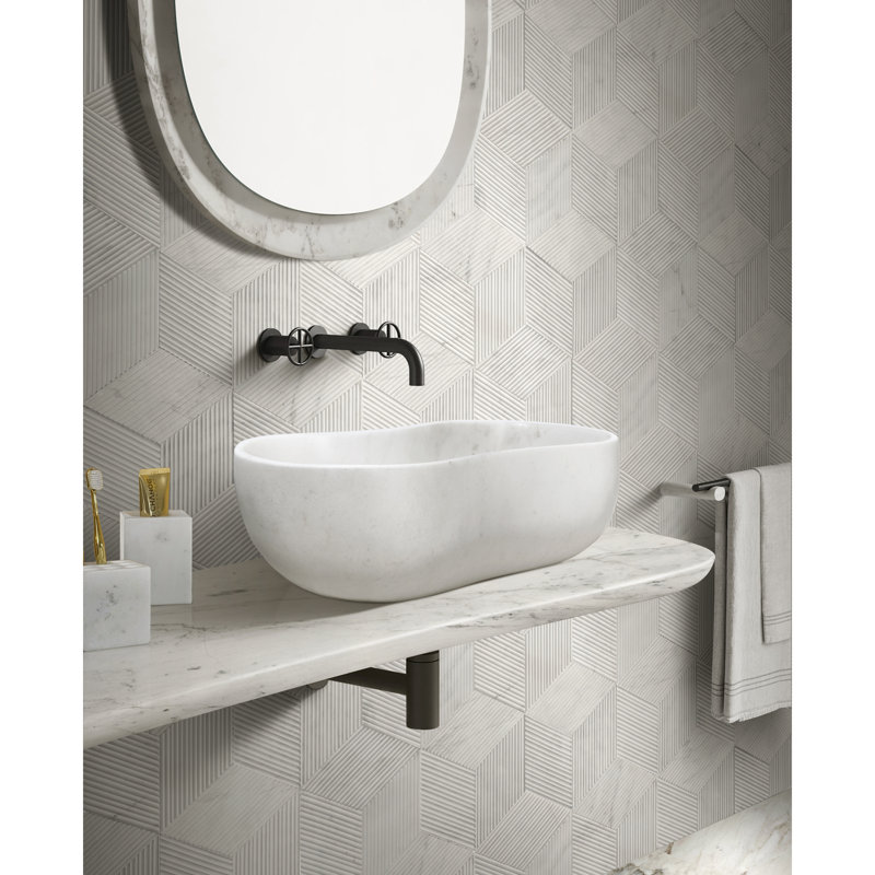 Roomfitters Marble Bathroom Vessel Sink, Natural Stone Countertop Wash Basin, Semi-Polished Oval Vanity Sink, White, White