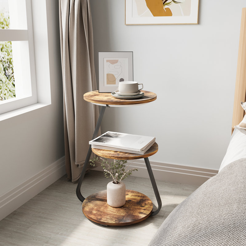 Modern 3-Tier Round Bedside Table with Adjustable LED Lighting, Small Accent Storage Table for Sofa Side & Lounge, Brown
