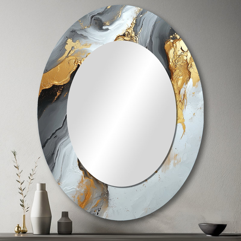 Abstrait marbre dans des tons de gris et d'or I - décor de miroir mural ovale doré, 43 po x 33 po