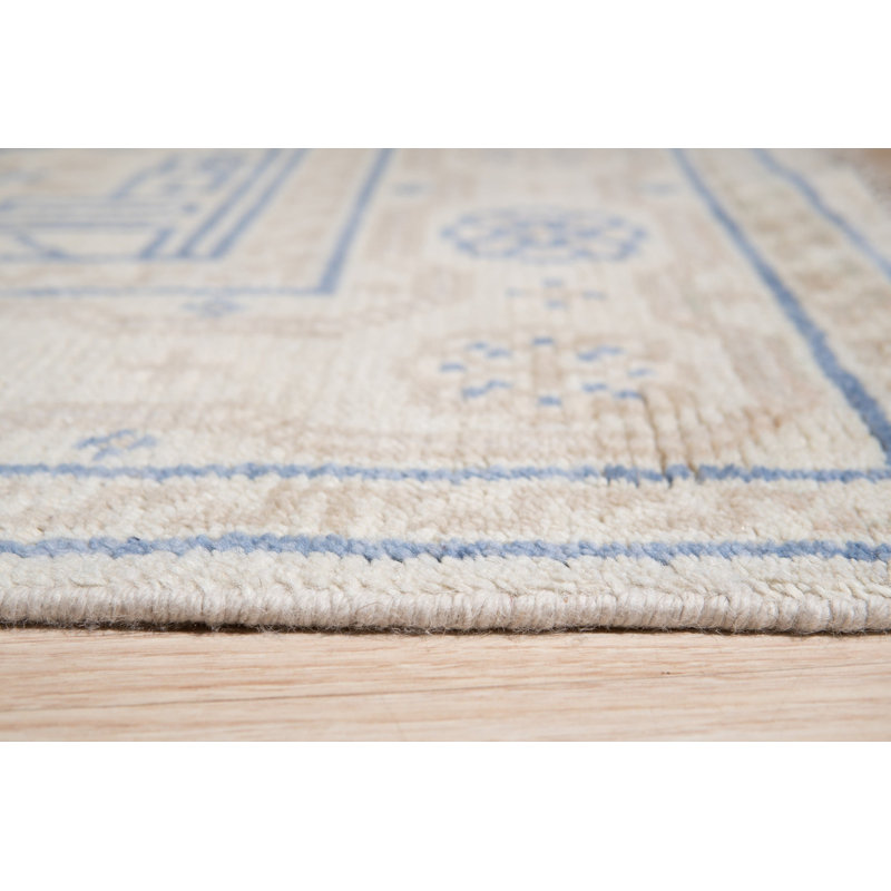 Ivory Hand-Knotted Wool Floral Medallion Geometric Modern Contemporary Carpet Rug