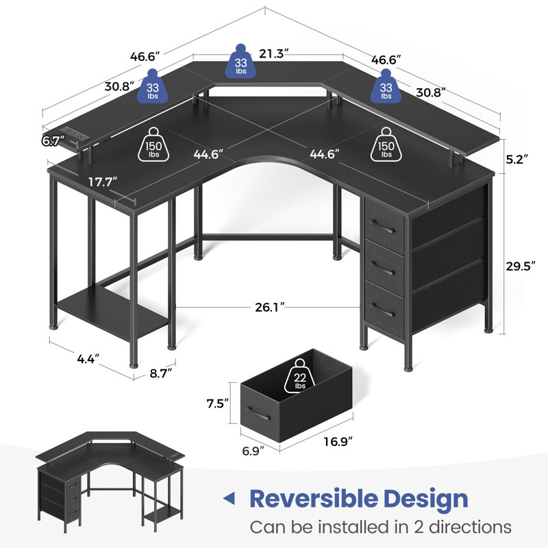 L Shaped Desk with LED Lights & Power Outlets, Computer Desk with Full Monitor Shelf, Black
