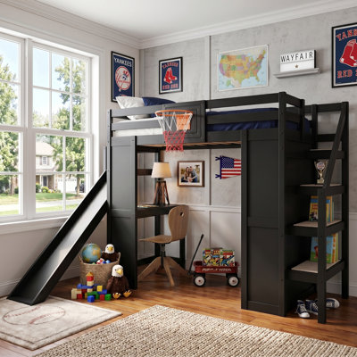 Black Solid Wood Frame Full Platform Bed With Built‑In Desk, Basketball Hoop, Slide, Staircase And Storage